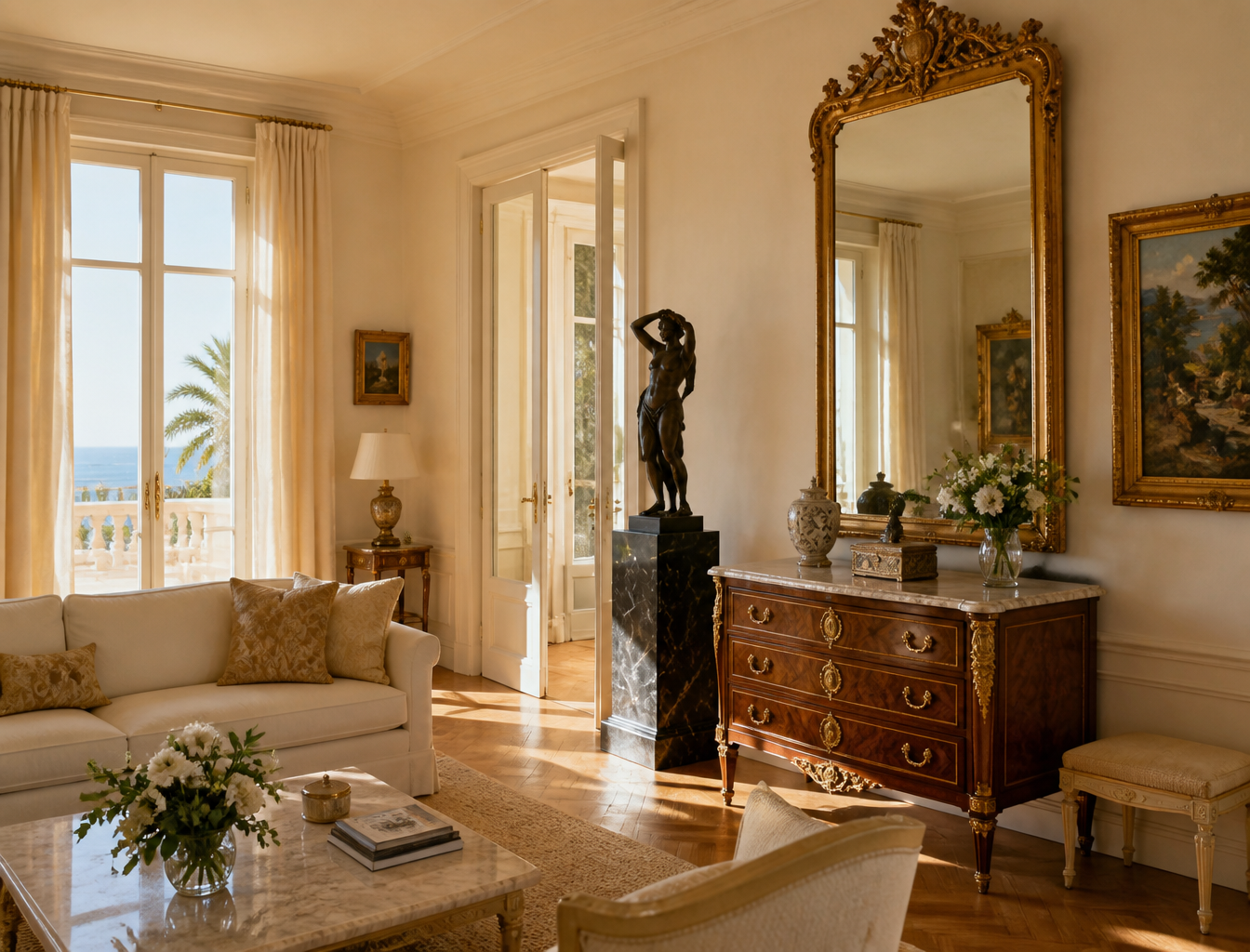 Sélection d'antiquités, meubles anciens et objets d'art valorisés dans un intérieur de la Côte d'Azur
