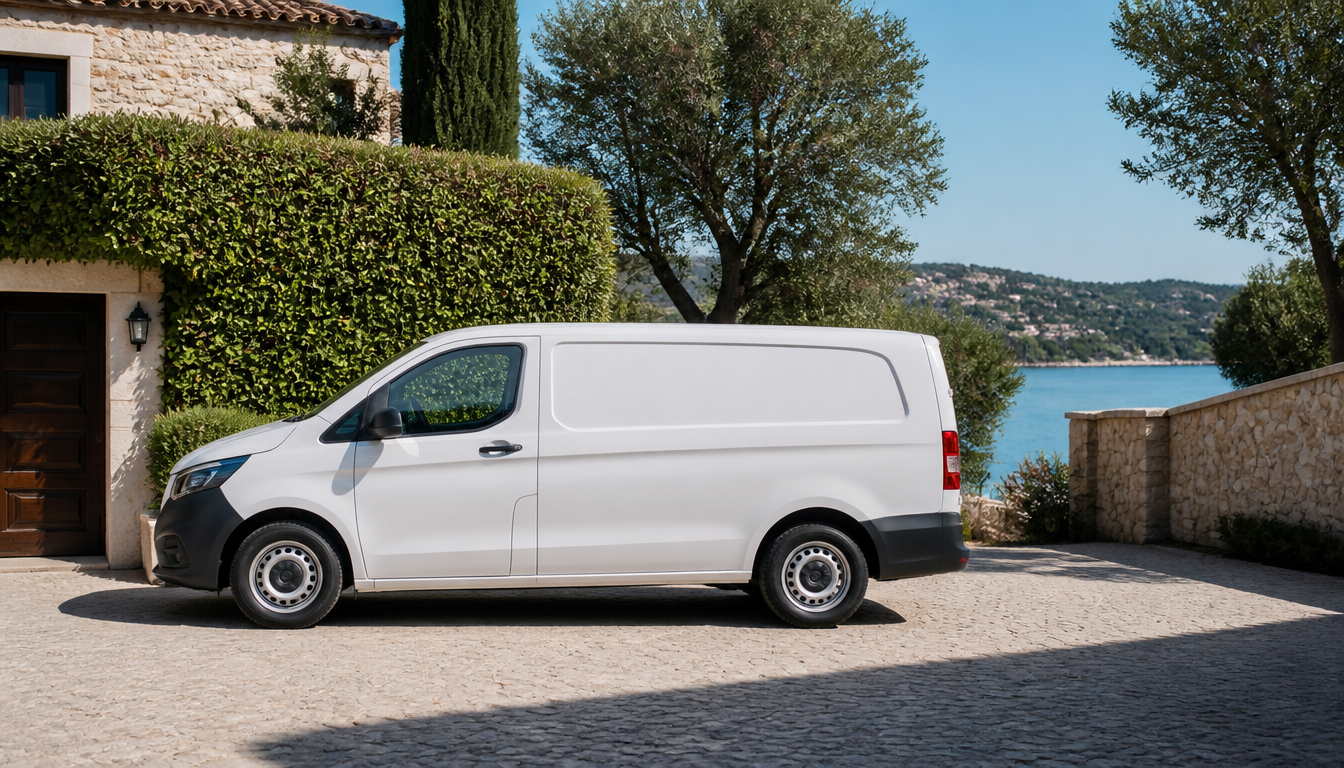 Véhicule blanc banalisé garé discrètement devant une résidence sur la Côte d'Azur