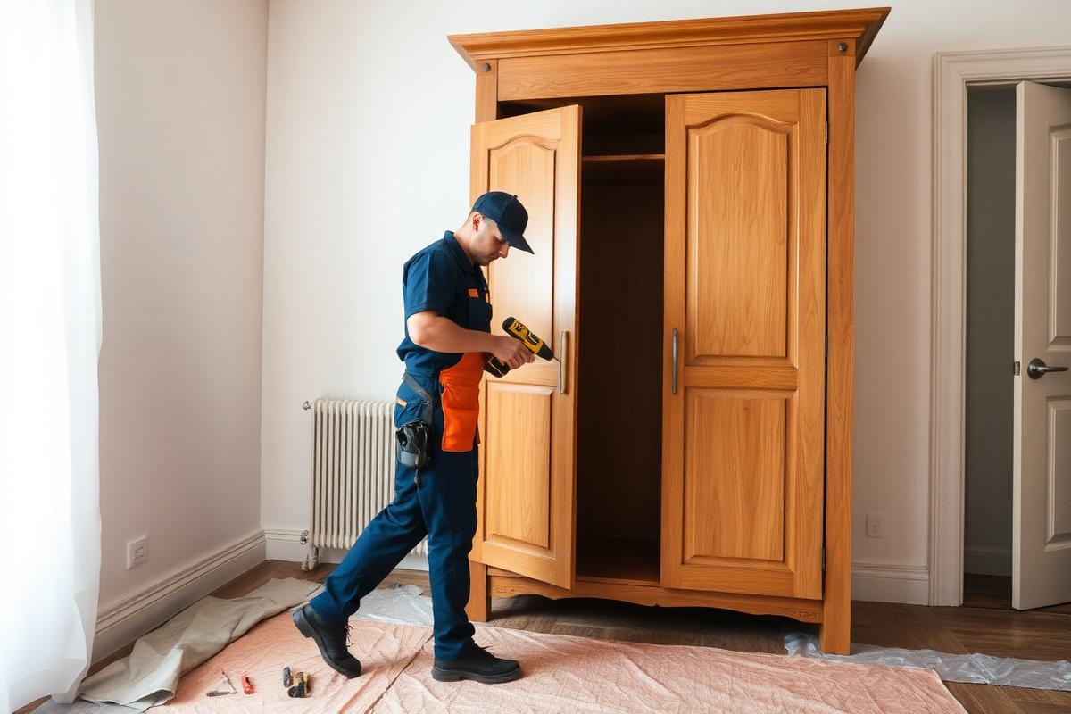 Démontage d'une armoire massive lors d'un débarras d'appartement dans le 06