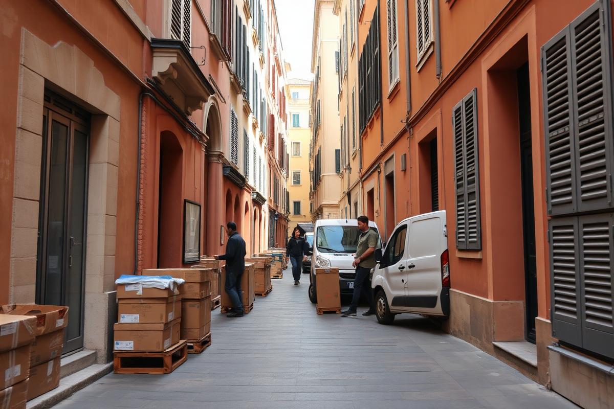 Camion de débarras stationné dans une ruelle étroite du Vieux-Nice