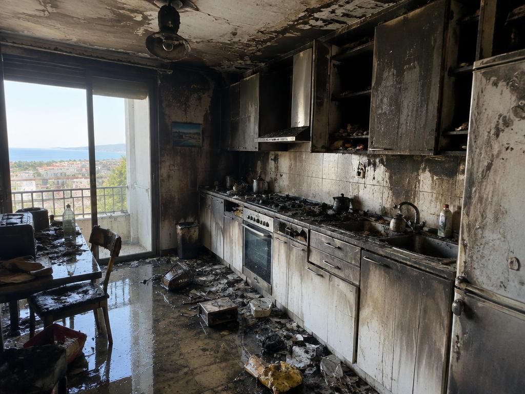 Cuisine antiboise endommagée par un incendie avant nettoyage après sinistre