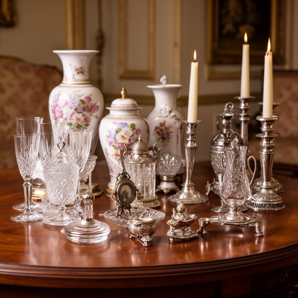 Collection de bibelots anciens : cristal, argenterie, porcelaine
