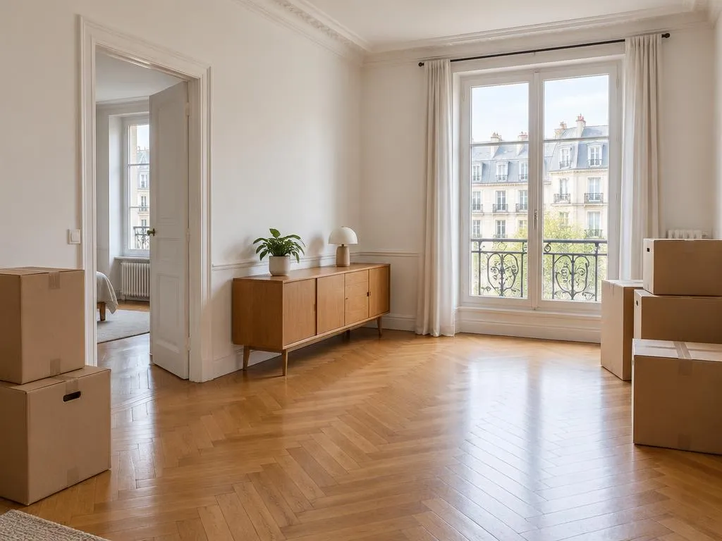 Pièce lumineuse avec cartons et mobilier préparés pour un départ