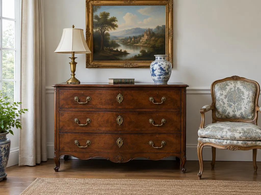 Commode ancienne, fauteuil, luminaire et objets décoratifs