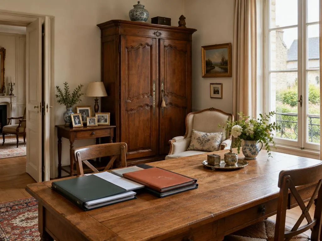 Intérieur familial avec mobilier ancien et dossiers mis à part