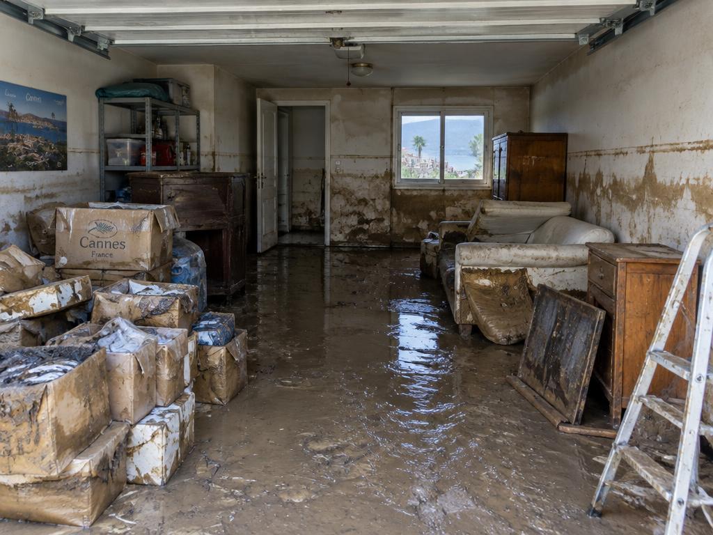 Garage cannois inondé et boueux avant débarras après dégât des eaux