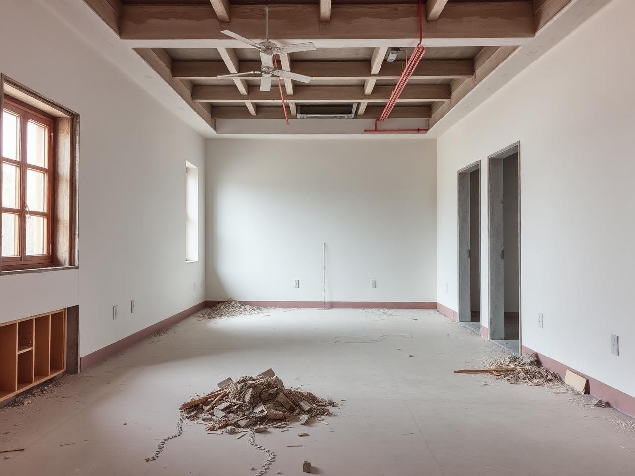 Plateau nu après curage complet, prêt pour la rénovation, gravats évacués