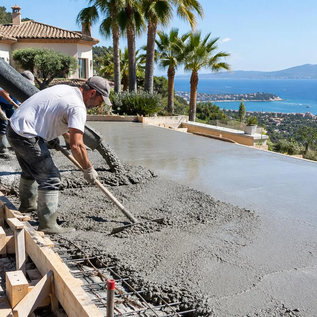 Coulage de dalle béton pour terrasse de villa sur la Côte d'Azur