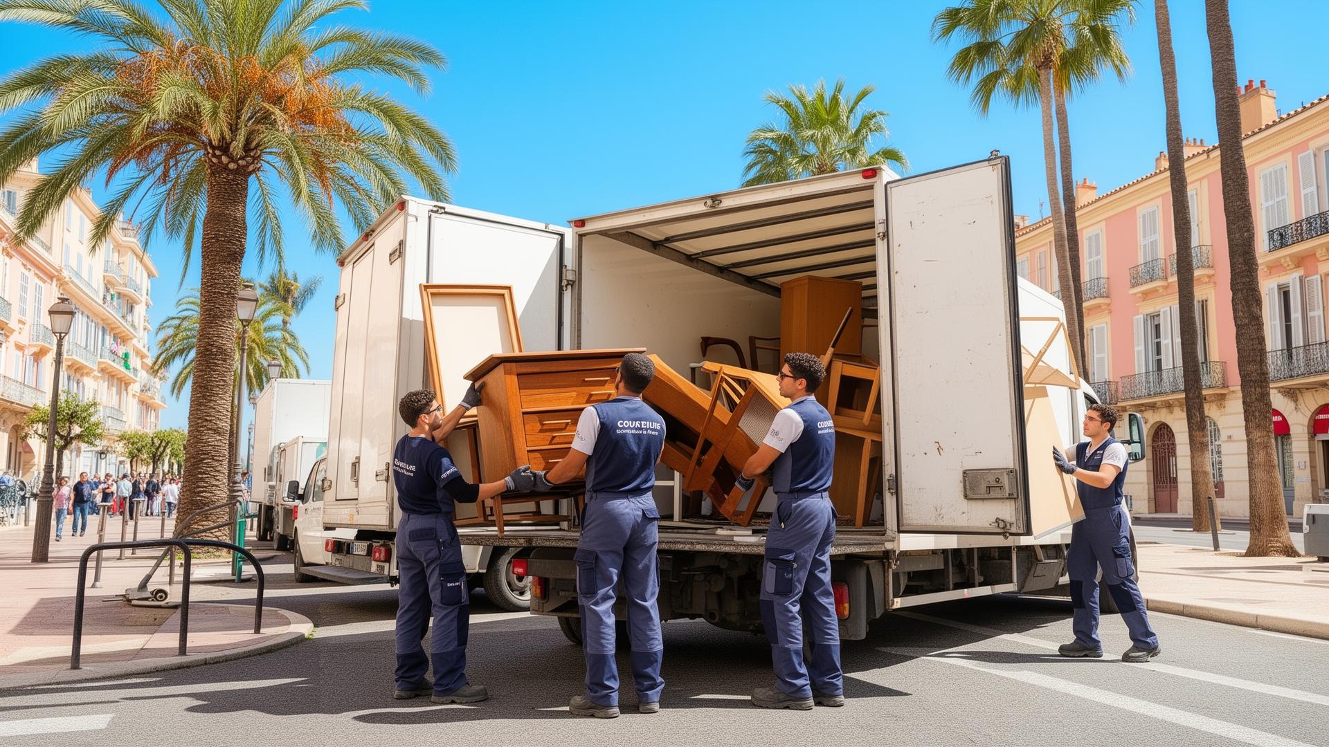 Équipe de débarras professionnel chargeant un camion sur la Côte d'Azur