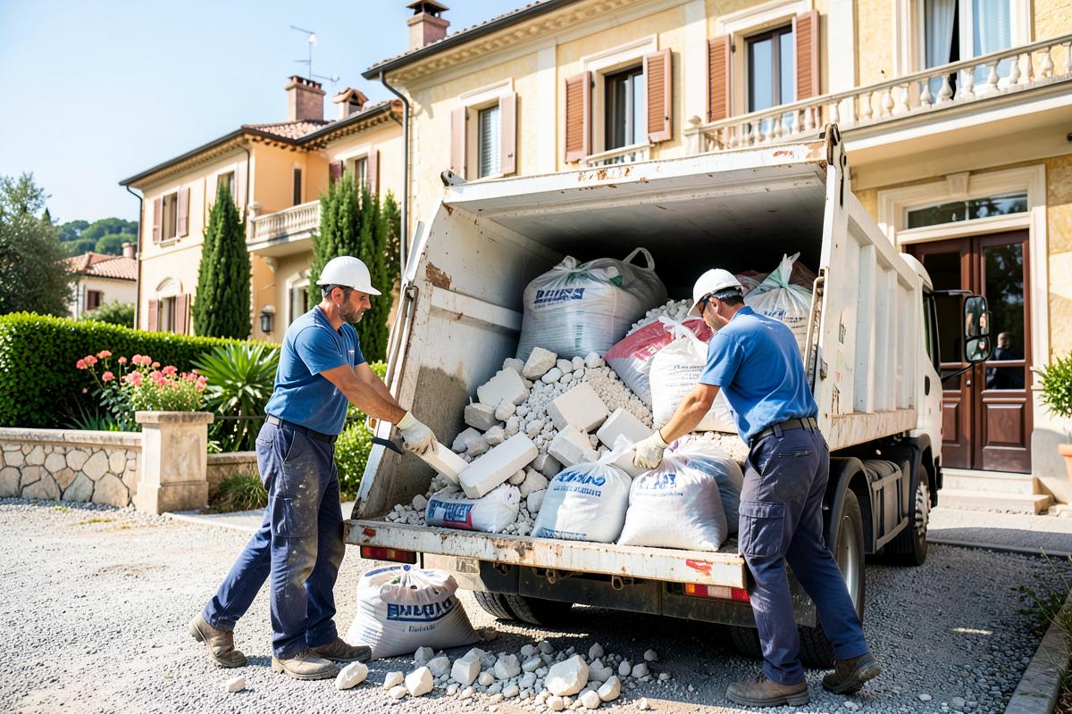 Équipe chargeant soigneusement des gravats triés dans un camion-benne