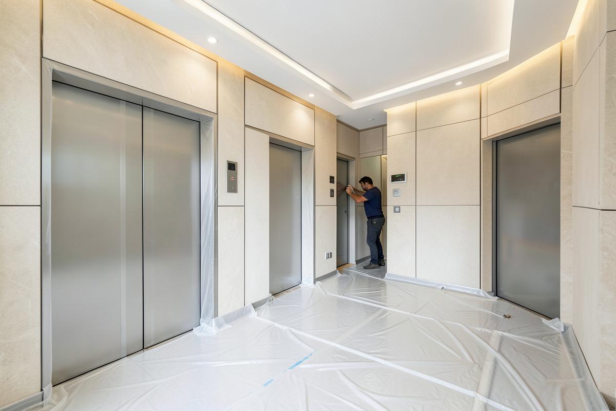 Ascenseurs et sols protégés avant un chantier de curage en copropriété
