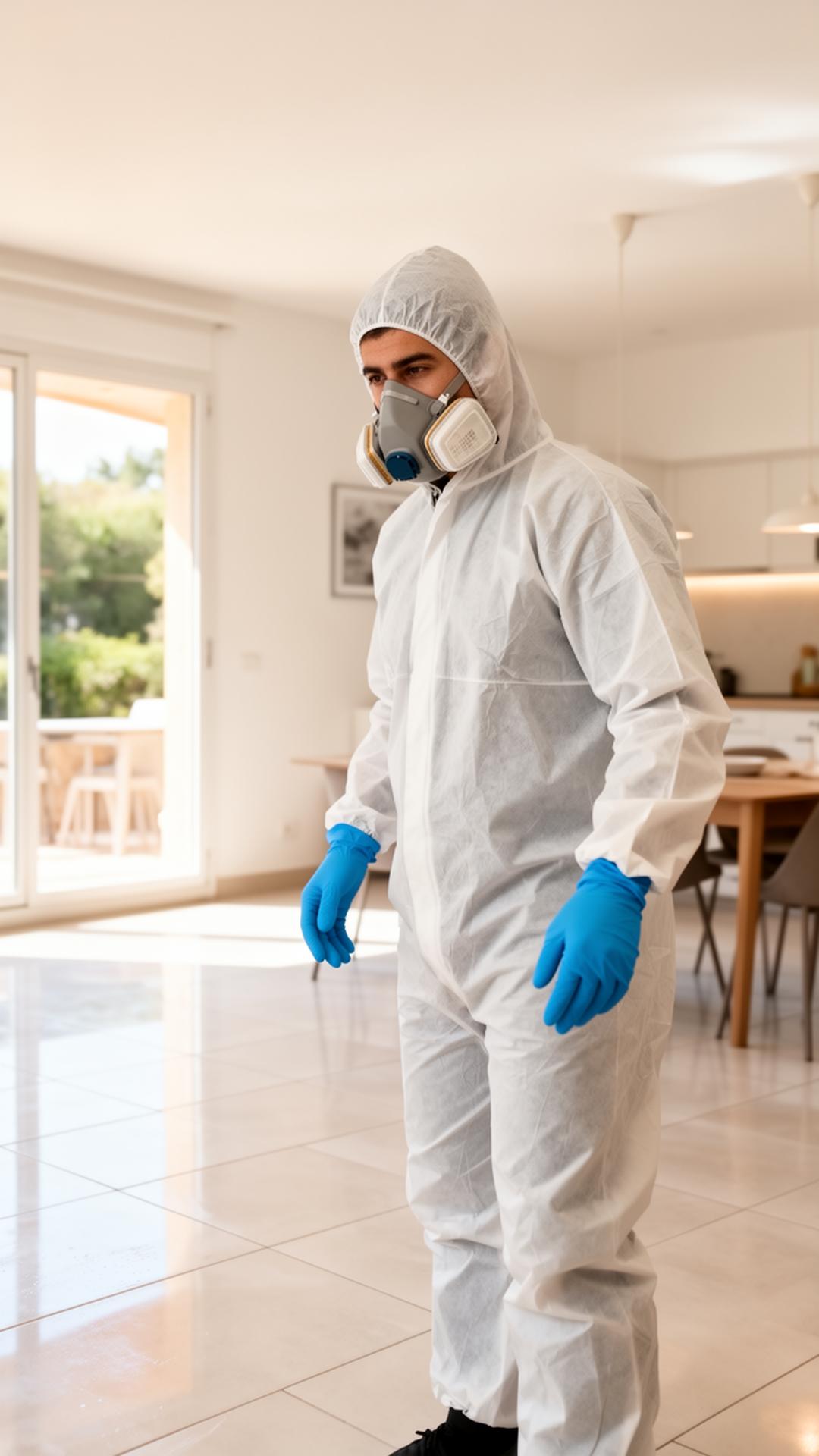 Technicien Tout Débarras en combinaison de protection et masque FFP3 dans un logement assaini à Nice