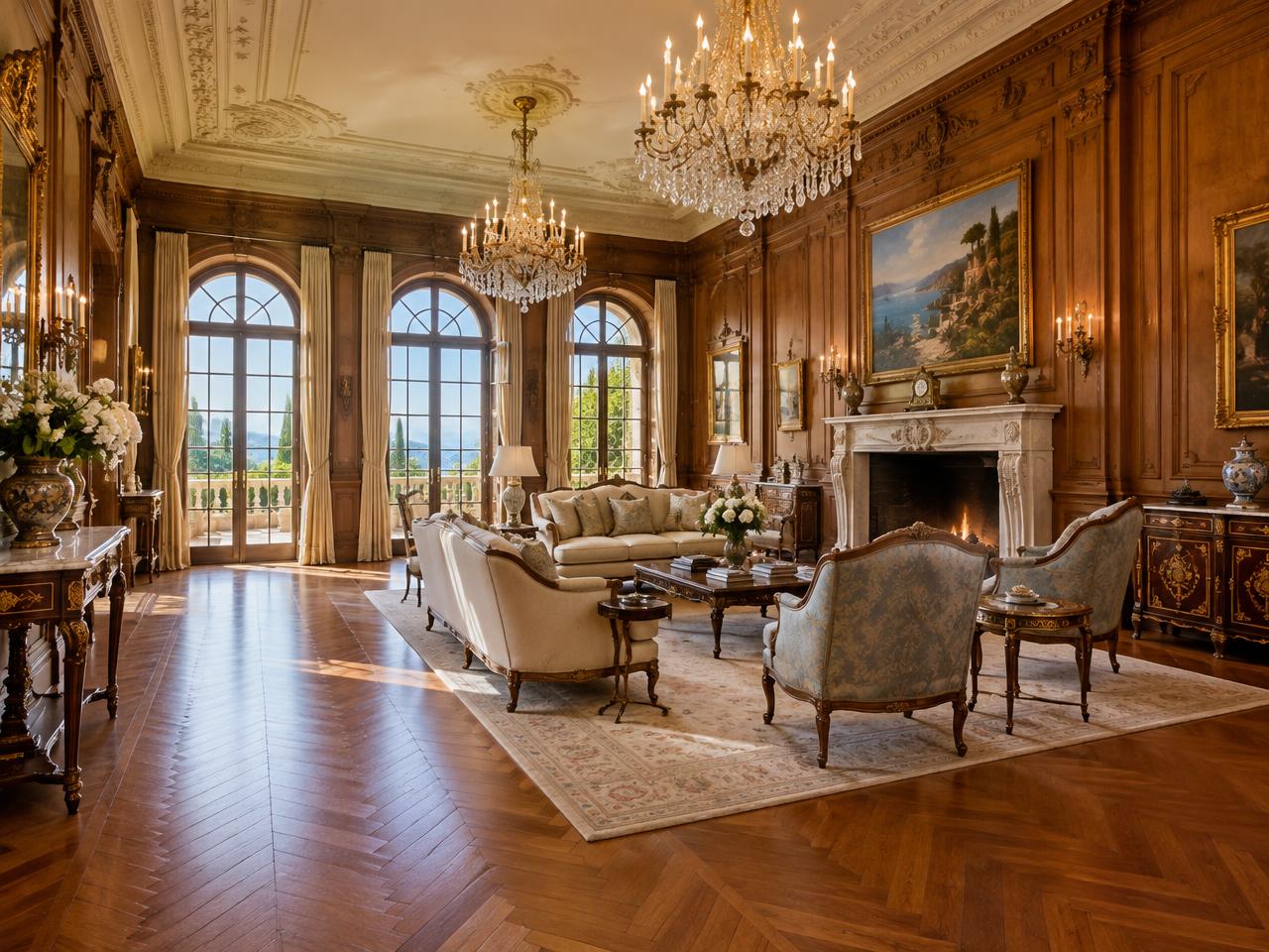 Intérieur de maître avec lustres, boiseries et mobilier ancien