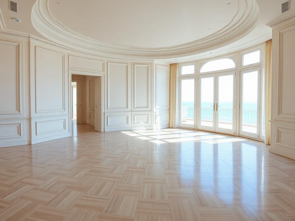 Même salon entièrement vidé et impeccable après intervention, parquet ciré et vue mer
