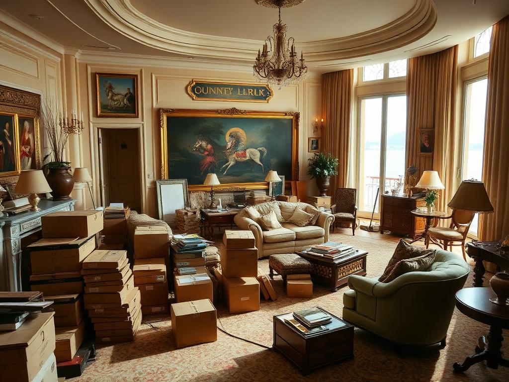Salon d'appartement de luxe à Monte-Carlo encombré de cartons avant débarras