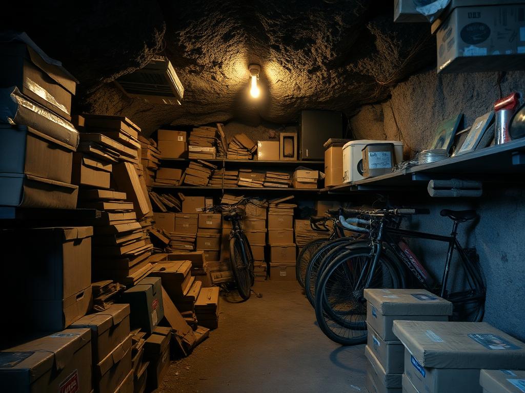Cave encombrée de cartons et vélos à La Condamine avant débarras sécurisé