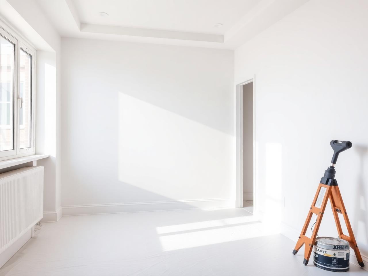 Pièce fraîchement peinte en blanc lumineux, finition pro pour mise en vente