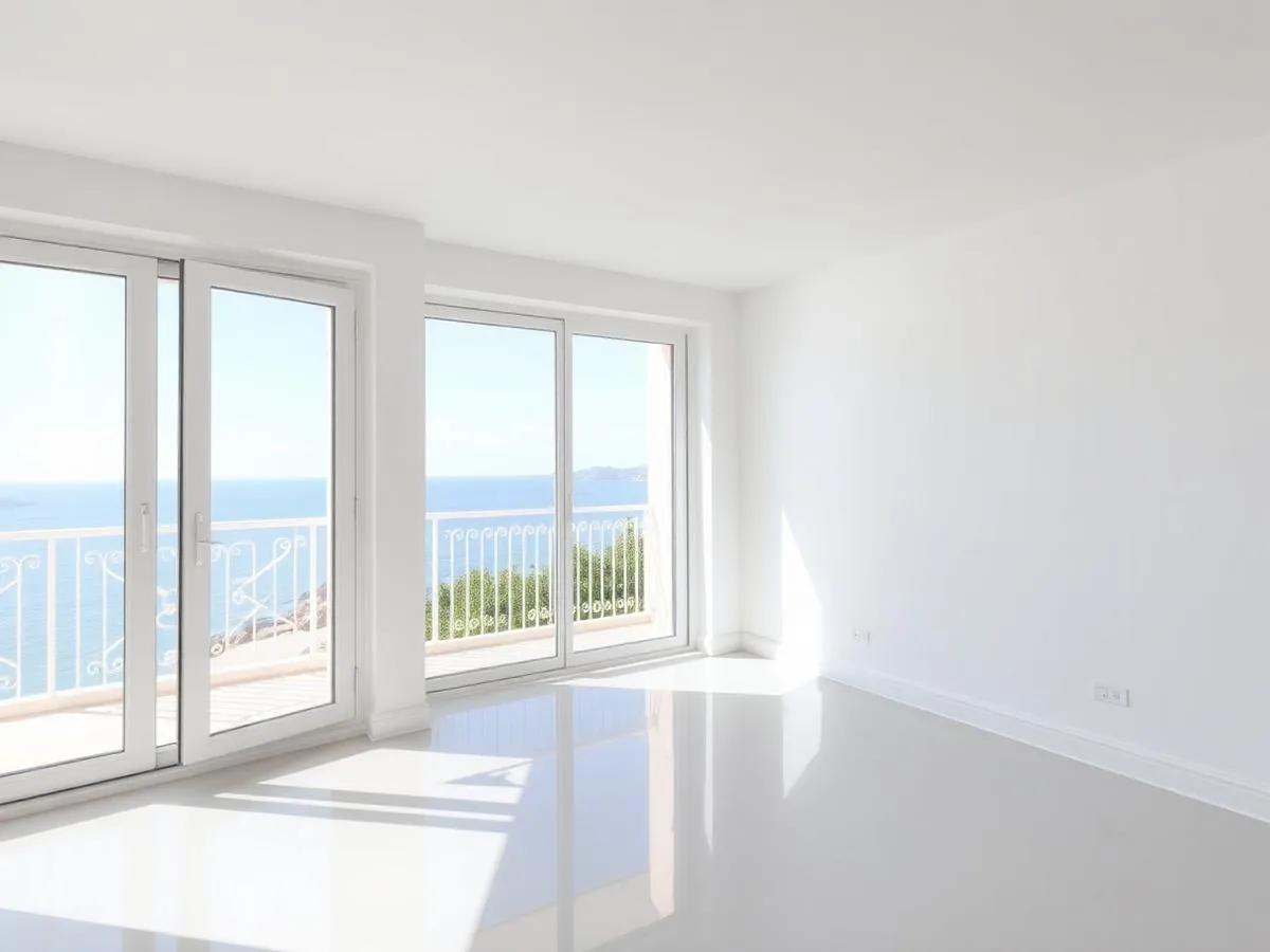 Séjour d'un appartement à Antibes vidé et nettoyé, ouvert sur une terrasse avec vue sur la mer