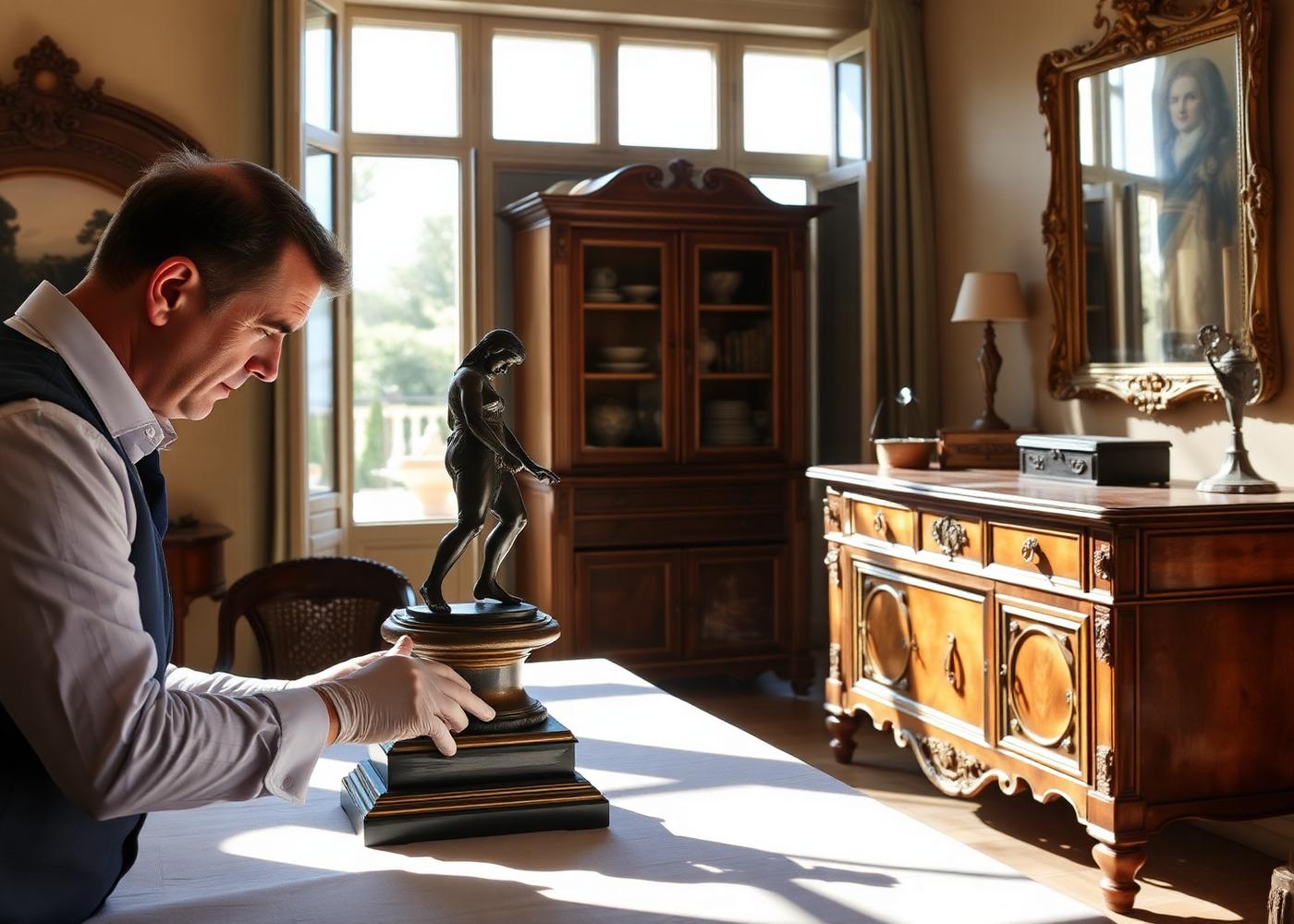 Expert estimant un bronze ancien et une commode d'époque avant un débarras dans une villa à Nice