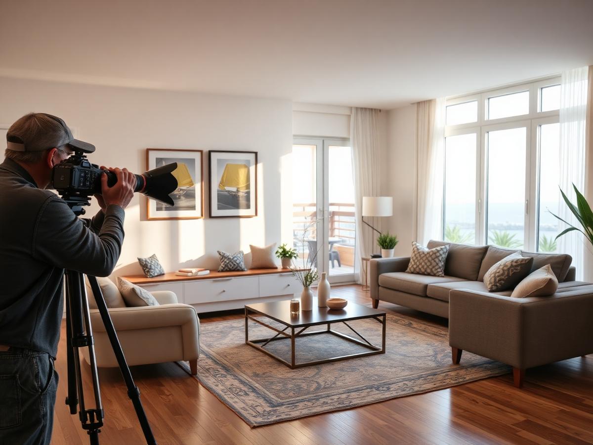 Photographe immobilier réalisant les photos d'agence d'un séjour valorisé à Cannes