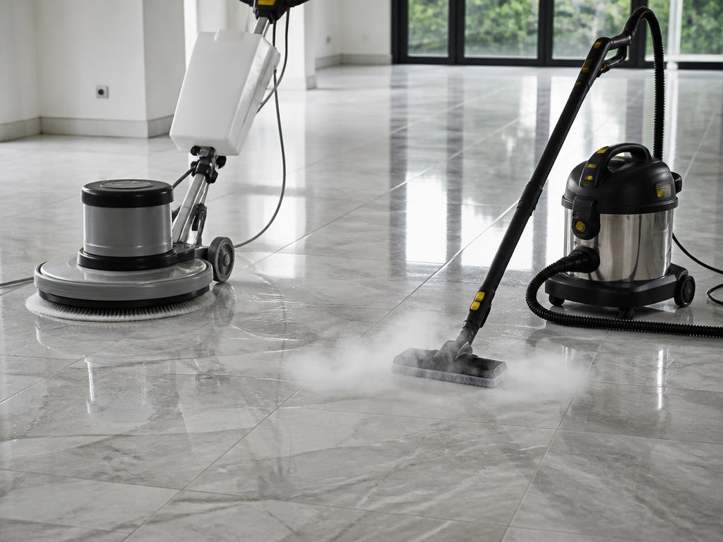 Nettoyage intensif à la vapeur d'un sol carrelé après travaux à Nice